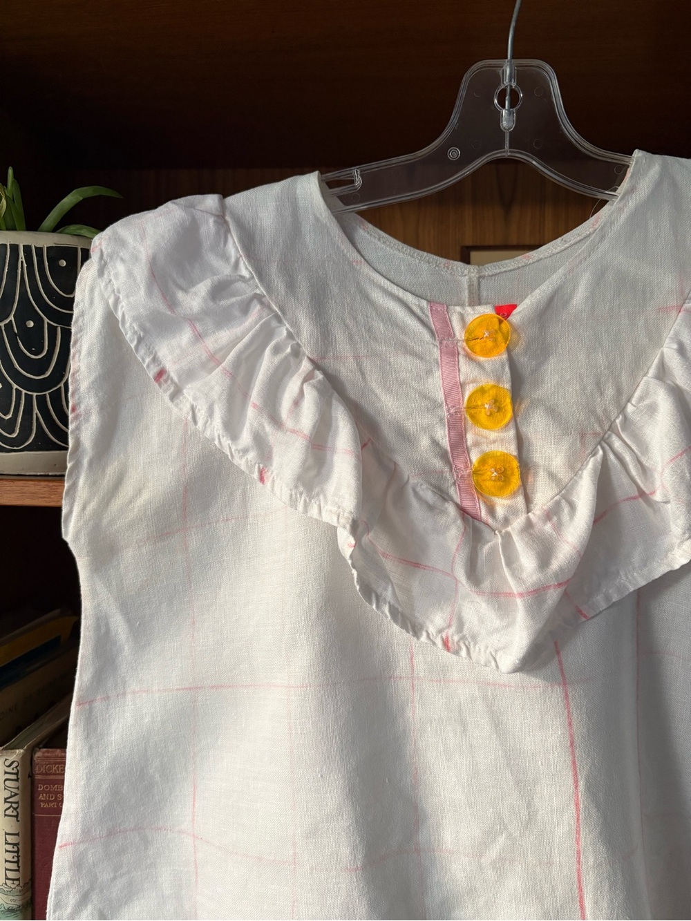 Tony Chestnut Window Pane Linen Ruffle Top S - Picture 2 of 3